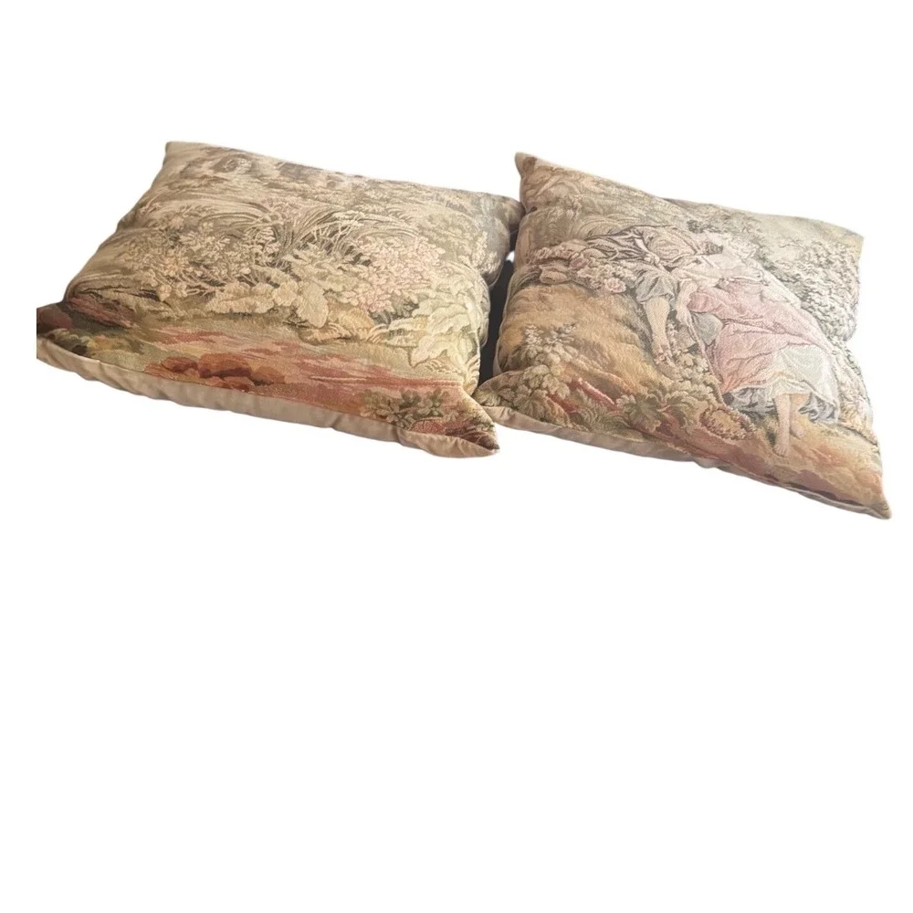 Vintage Tapestry Throw Pillows Pair Romantic Couple & Cottage Watermill‎ 17 inch